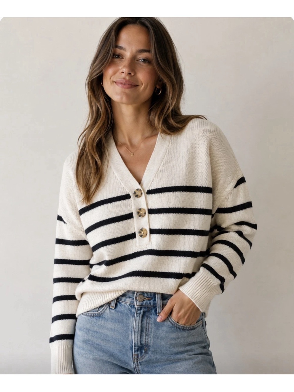 Rachel Zoe striped Henley Knit sweater tortoise-shell buttons Ivory & Black S